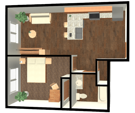 Floor plan for 1 bed, 1 bath